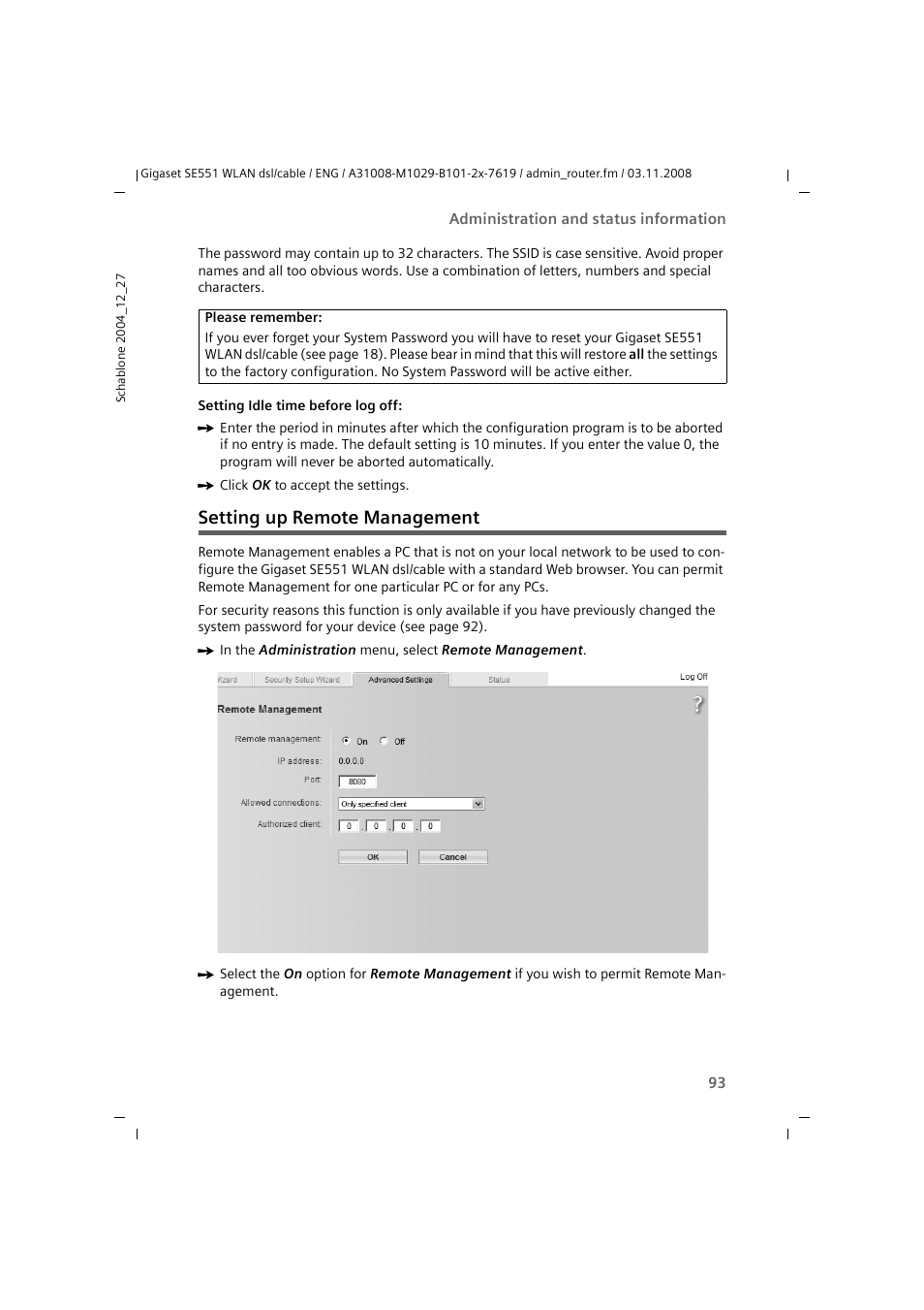 Setting up remote management | Siemens Simens Gigaset WLAN dsl/cable SE551 User Manual | Page 93 / 148