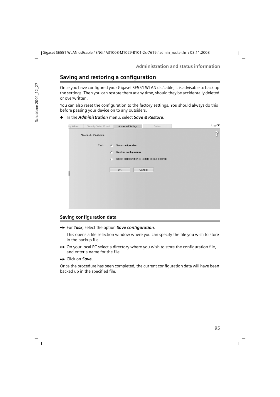 Saving and restoring a configuration, Saving configuration data | Siemens Simens Gigaset WLAN dsl/cable SE551 User Manual | Page 95 / 148