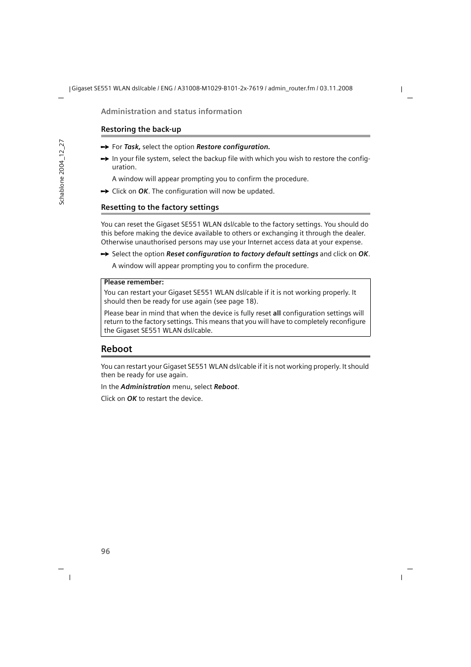 Restoring the back-up, Resetting to the factory settings, Reboot | Siemens Simens Gigaset WLAN dsl/cable SE551 User Manual | Page 96 / 148