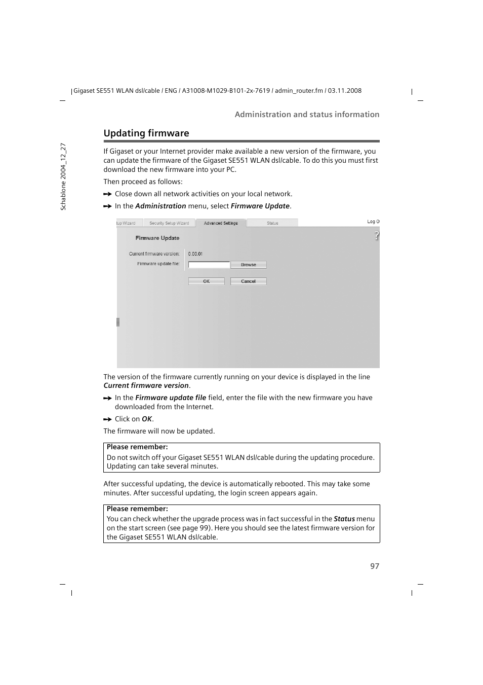 Updating firmware | Siemens Simens Gigaset WLAN dsl/cable SE551 User Manual | Page 97 / 148