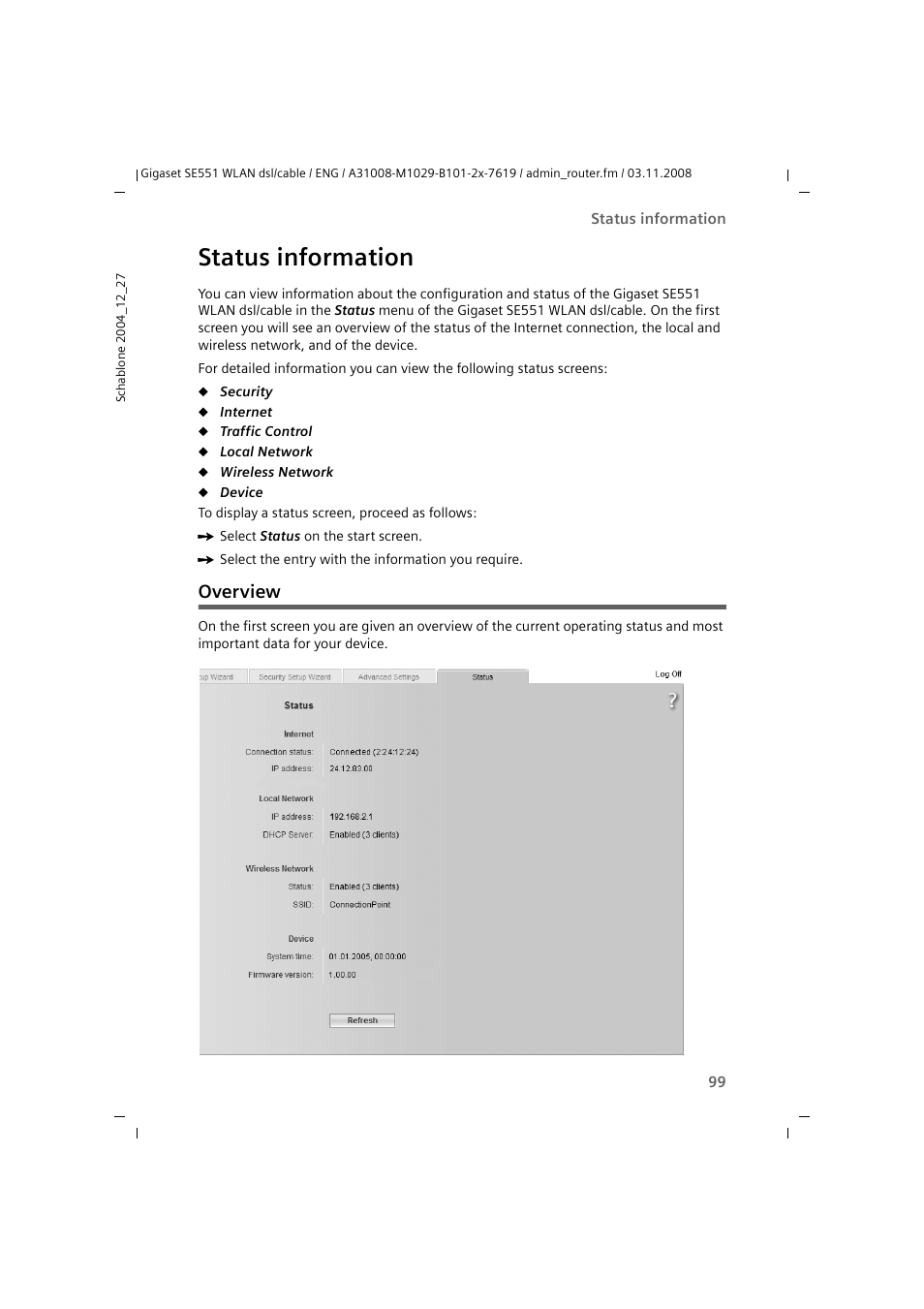 Status information, Overview | Siemens Simens Gigaset WLAN dsl/cable SE551 User Manual | Page 99 / 148