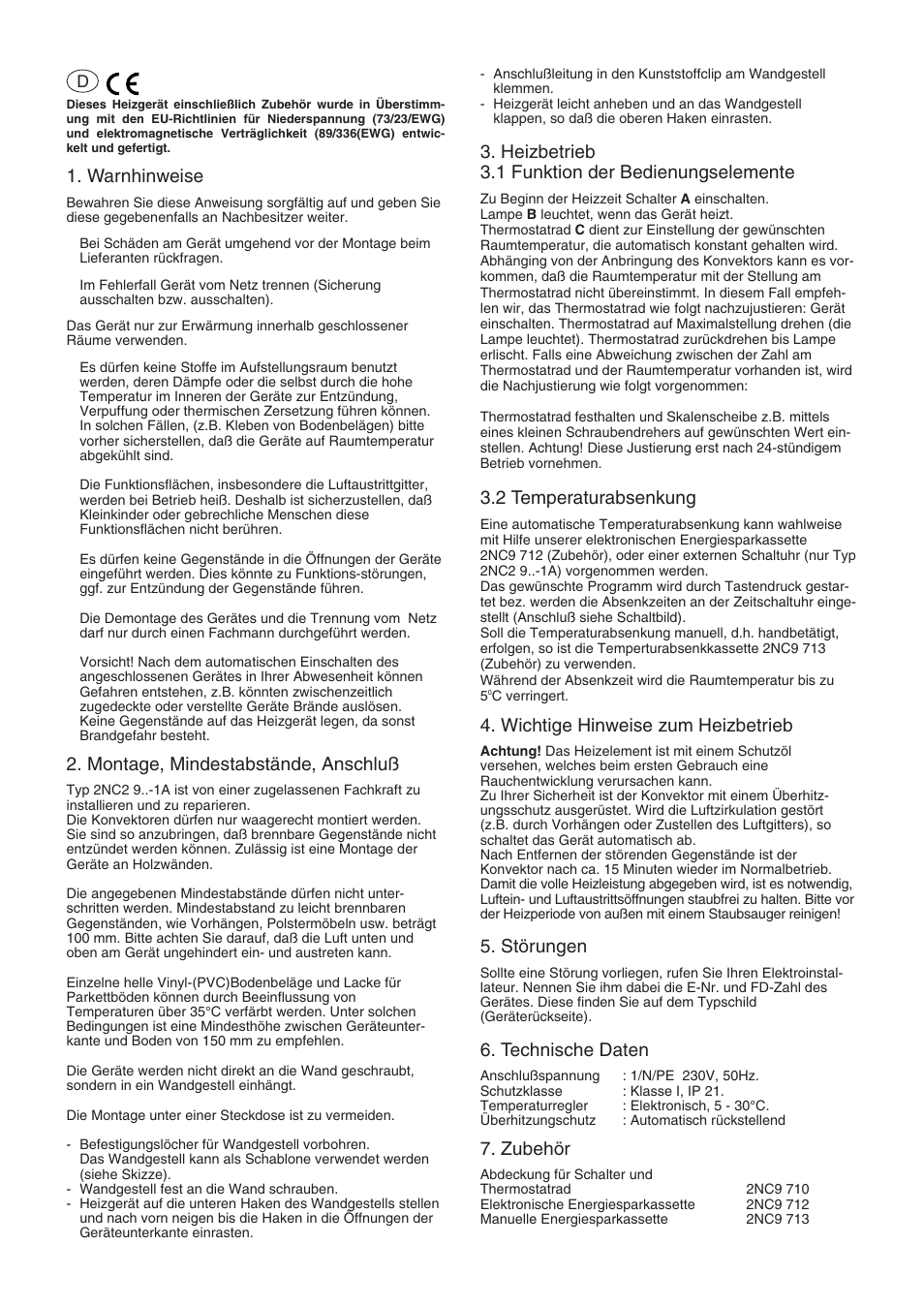 Warnhinweise, Montage, mindestabstände, anschluß, Heizbetrieb 3.1 funktion der bedienungselemente | 2 temperaturabsenkung, Wichtige hinweise zum heizbetrieb, Störungen, Technische daten, Zubehör | Siemens 576.056A User Manual | Page 3 / 12