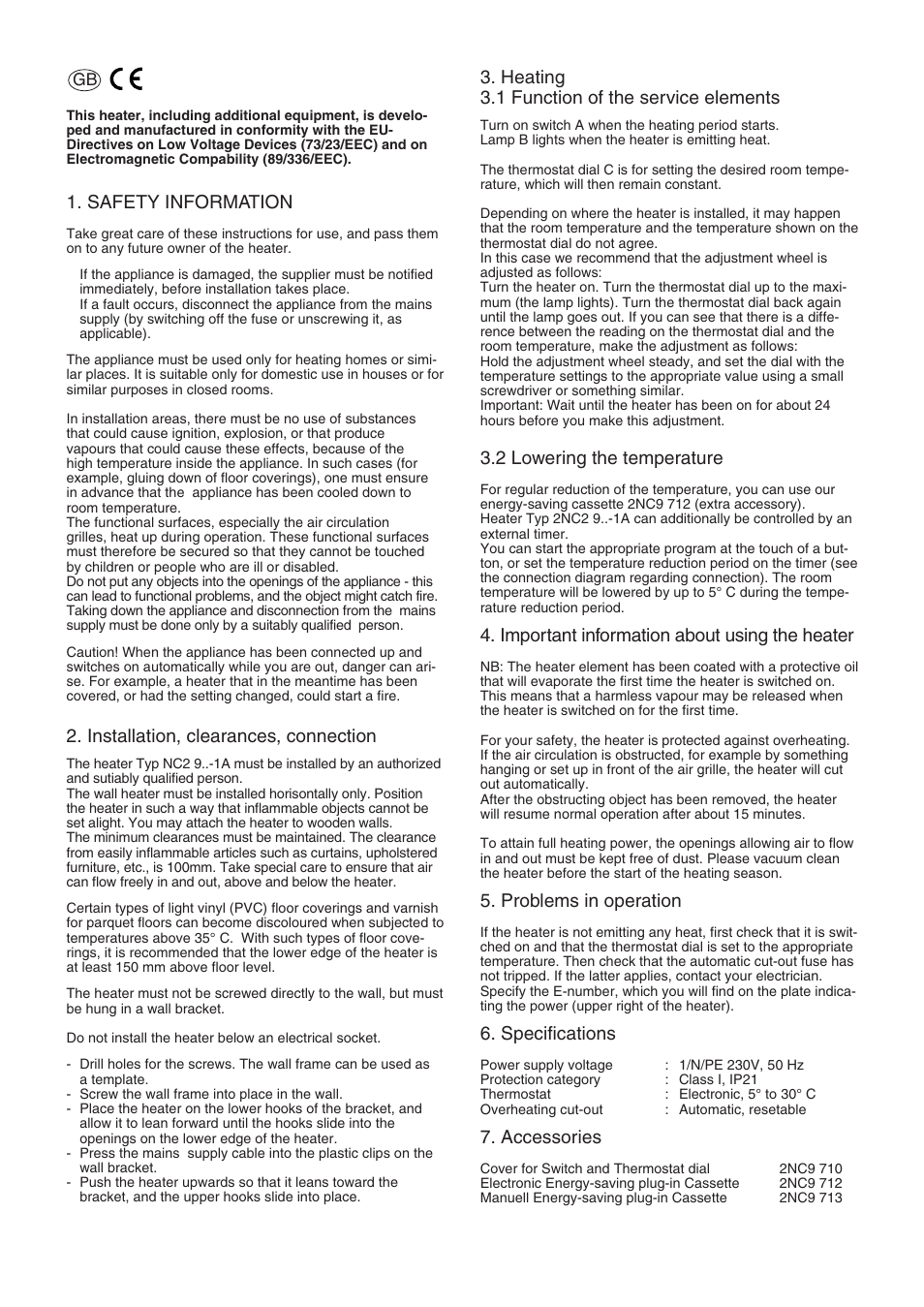 Safety information, Installation, clearances, connection, Heating 3.1 function of the service elements | 2 lowering the temperature, Important information about using the heater, Problems in operation, Specifications, Accessories | Siemens 576.056A User Manual | Page 4 / 12