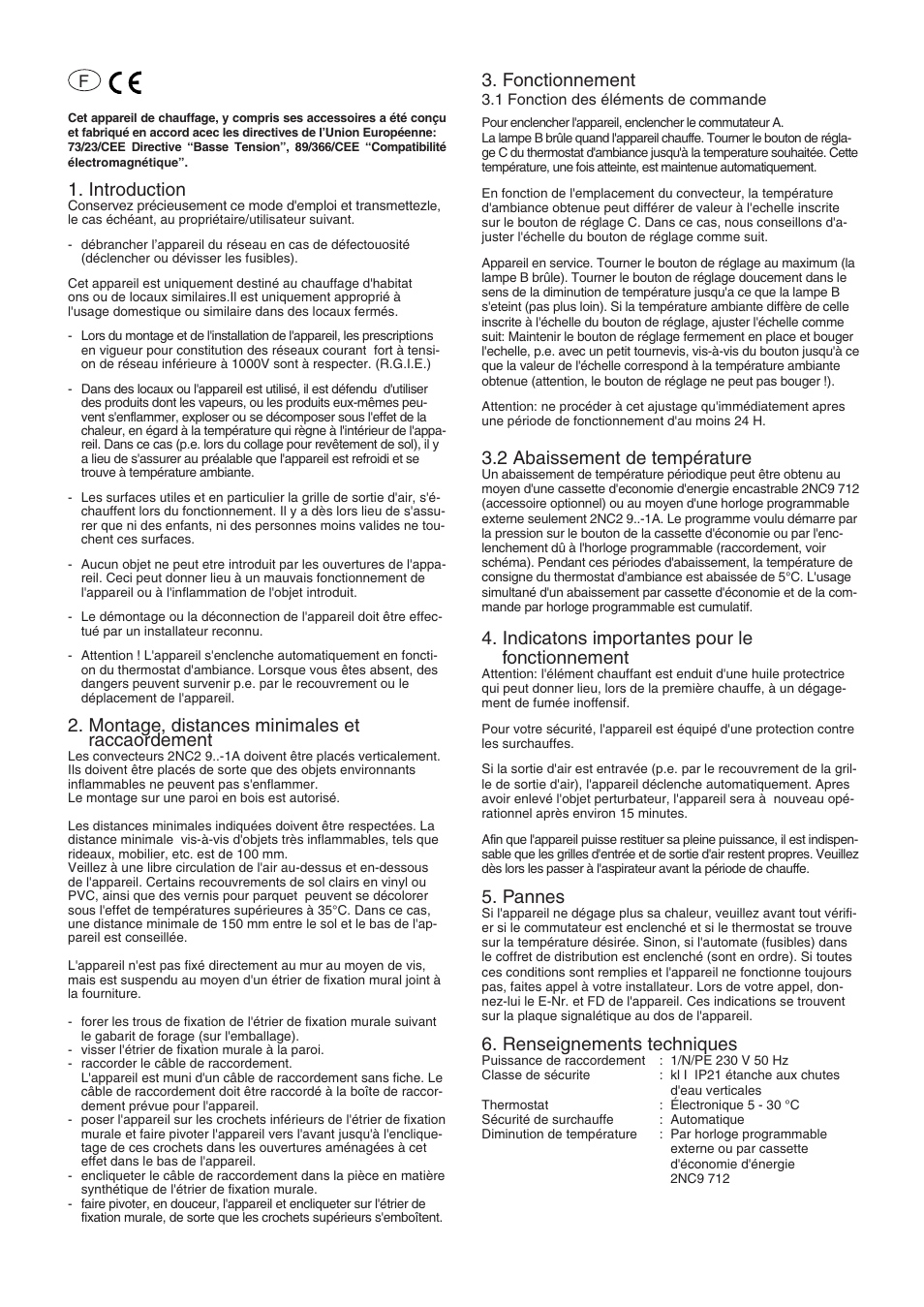 Introduction, Montage, distances minimales et raccaordement, Fonctionnement | 2 abaissement de température, Indicatons importantes pour le fonctionnement, Pannes, Renseignements techniques | Siemens 576.056A User Manual | Page 5 / 12