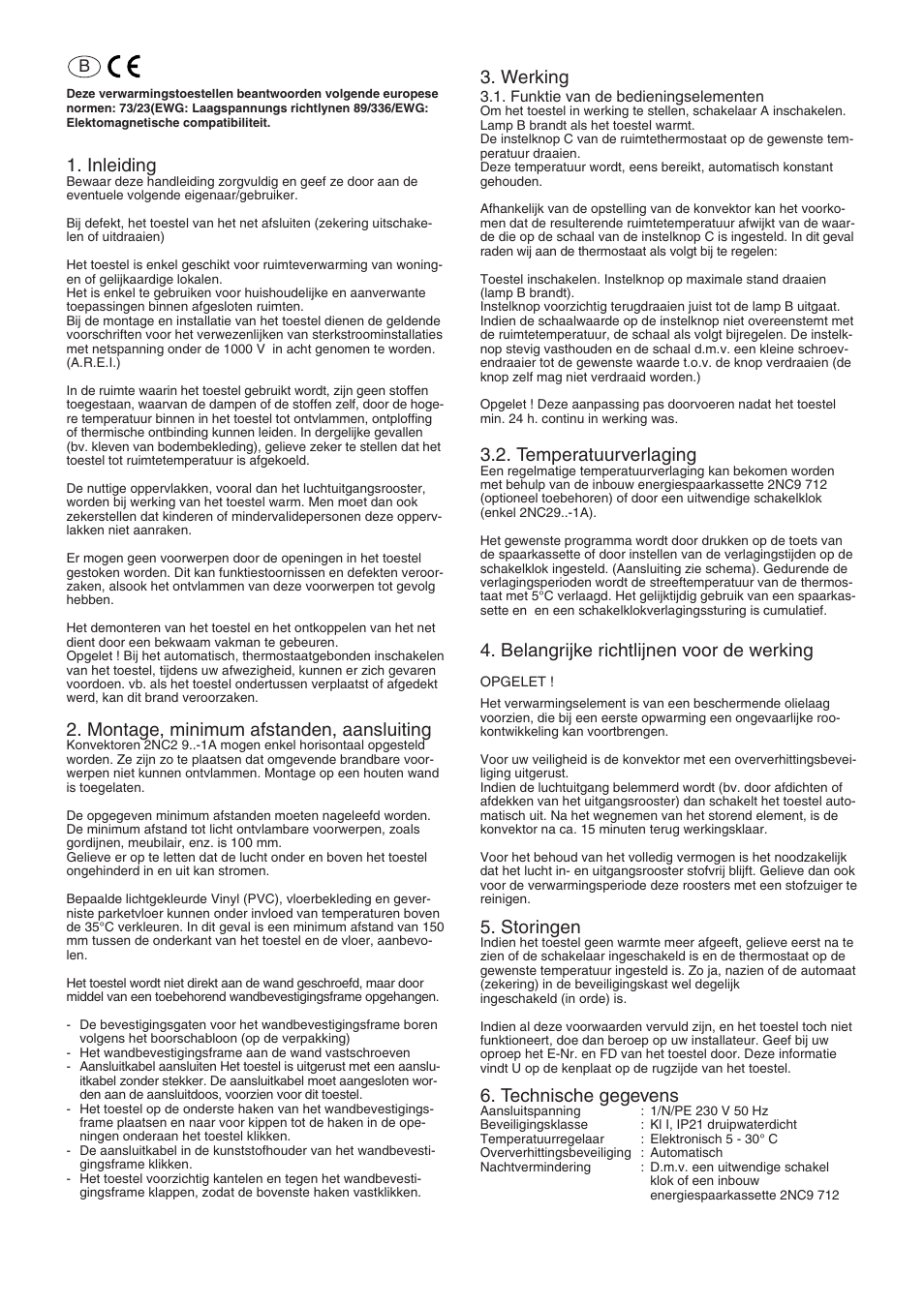 Inleiding, Montage, minimum afstanden, aansluiting, Werking | Temperatuurverlaging, Belangrijke richtlijnen voor de werking, Storingen, Technische gegevens | Siemens 576.056A User Manual | Page 6 / 12