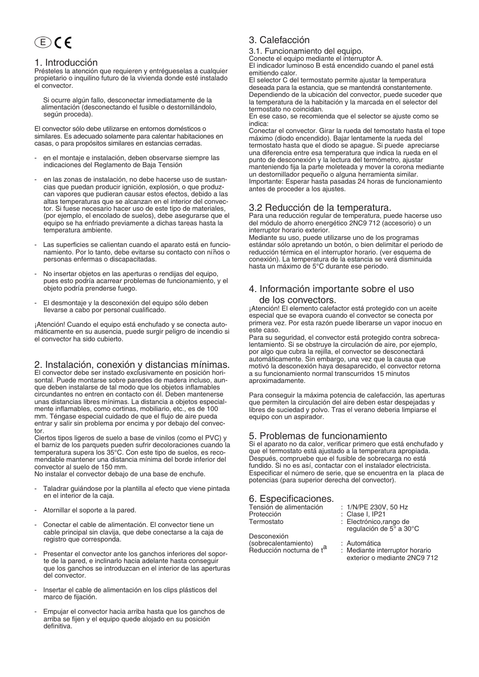 Introducción, Instalación, conexión y distancias mínimas, Calefacción | 2 reducción de la temperatura, Problemas de funcionamiento, Especificaciones | Siemens 576.056A User Manual | Page 7 / 12