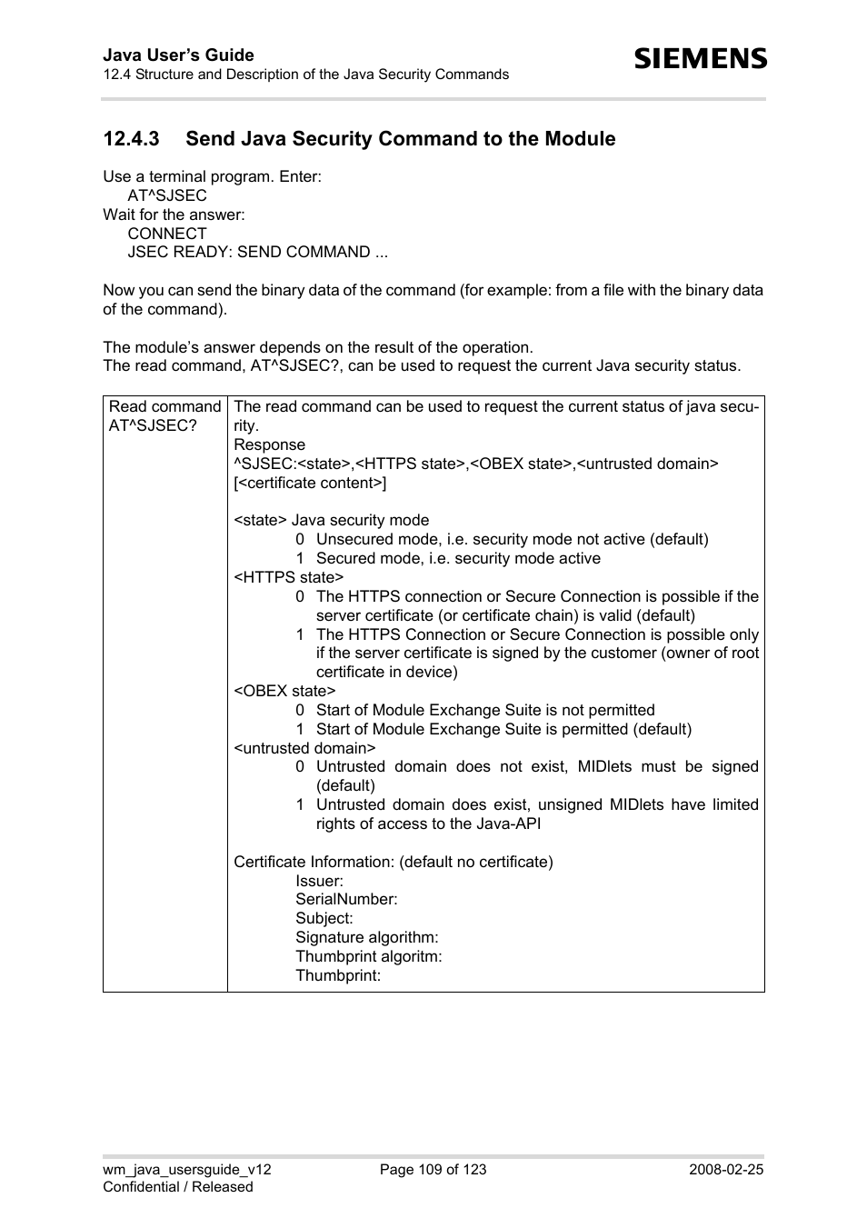 3 send java security command to the module, Section 12.4.3 | Siemens XT65 User Manual | Page 109 / 123