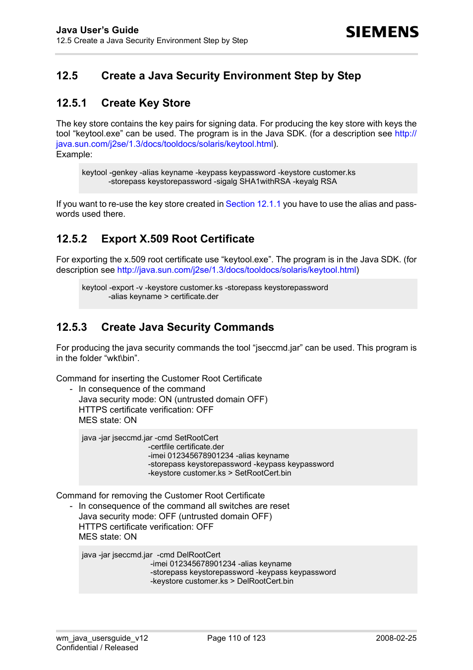 5 create a java security environment step by step, 1 create key store, 2 export x.509 root certificate | 3 create java security commands, Section, Section 12.5.3 | Siemens XT65 User Manual | Page 110 / 123