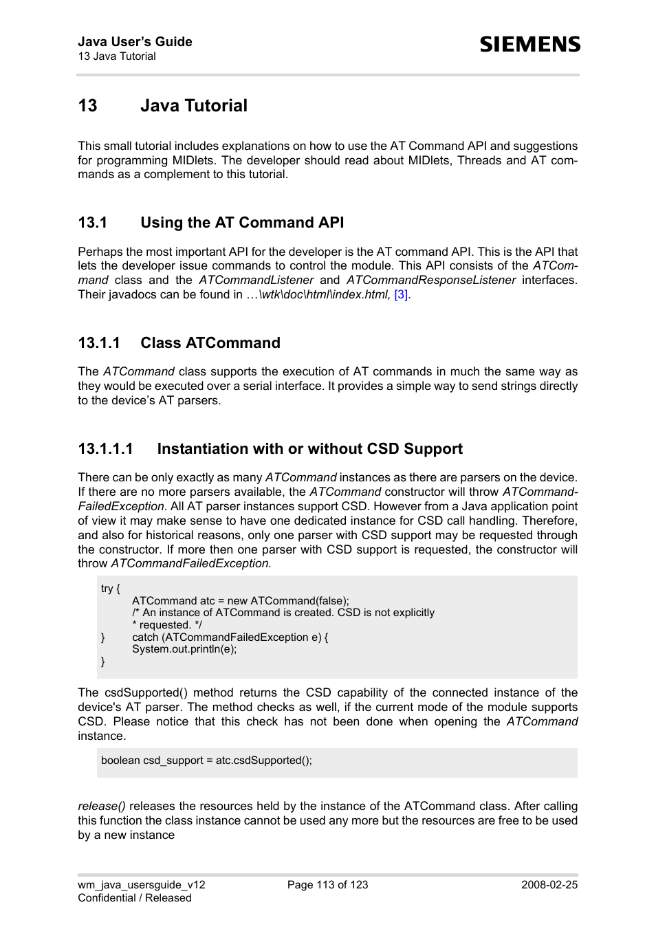 13 java tutorial, 1 using the at command api, 1 class atcommand | 1 instantiation with or without csd support, Java tutorial 13.1, Using the at command api 13.1.1 class atcommand | Siemens XT65 User Manual | Page 113 / 123