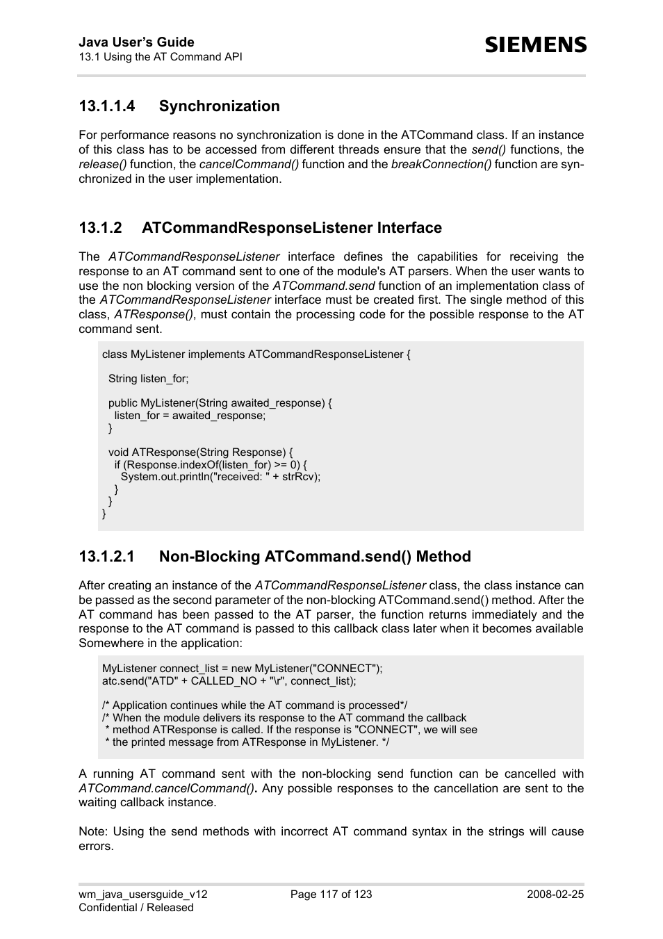 4 synchronization, 2 atcommandresponselistener interface, 1 non-blocking atcommand.send() method | Siemens XT65 User Manual | Page 117 / 123