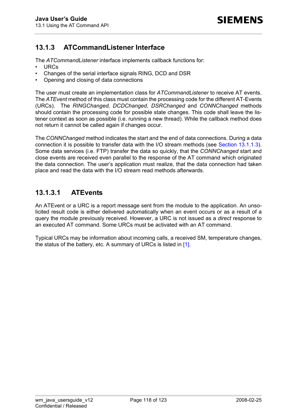 3 atcommandlistener interface, 1 atevents, Section 13.1.3 | Siemens XT65 User Manual | Page 118 / 123