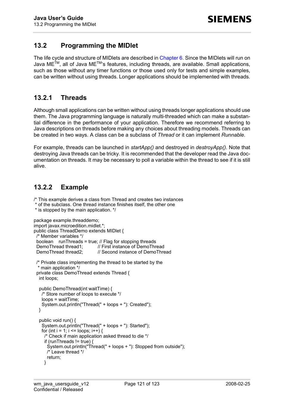 2 programming the midlet, 1 threads, 2 example | Siemens XT65 User Manual | Page 121 / 123