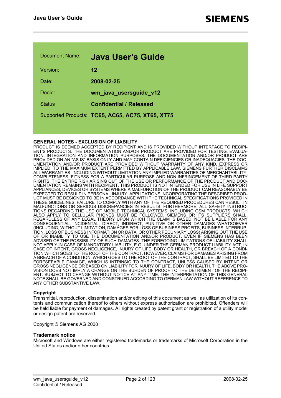 Java user’s guide | Siemens XT65 User Manual | Page 2 / 123