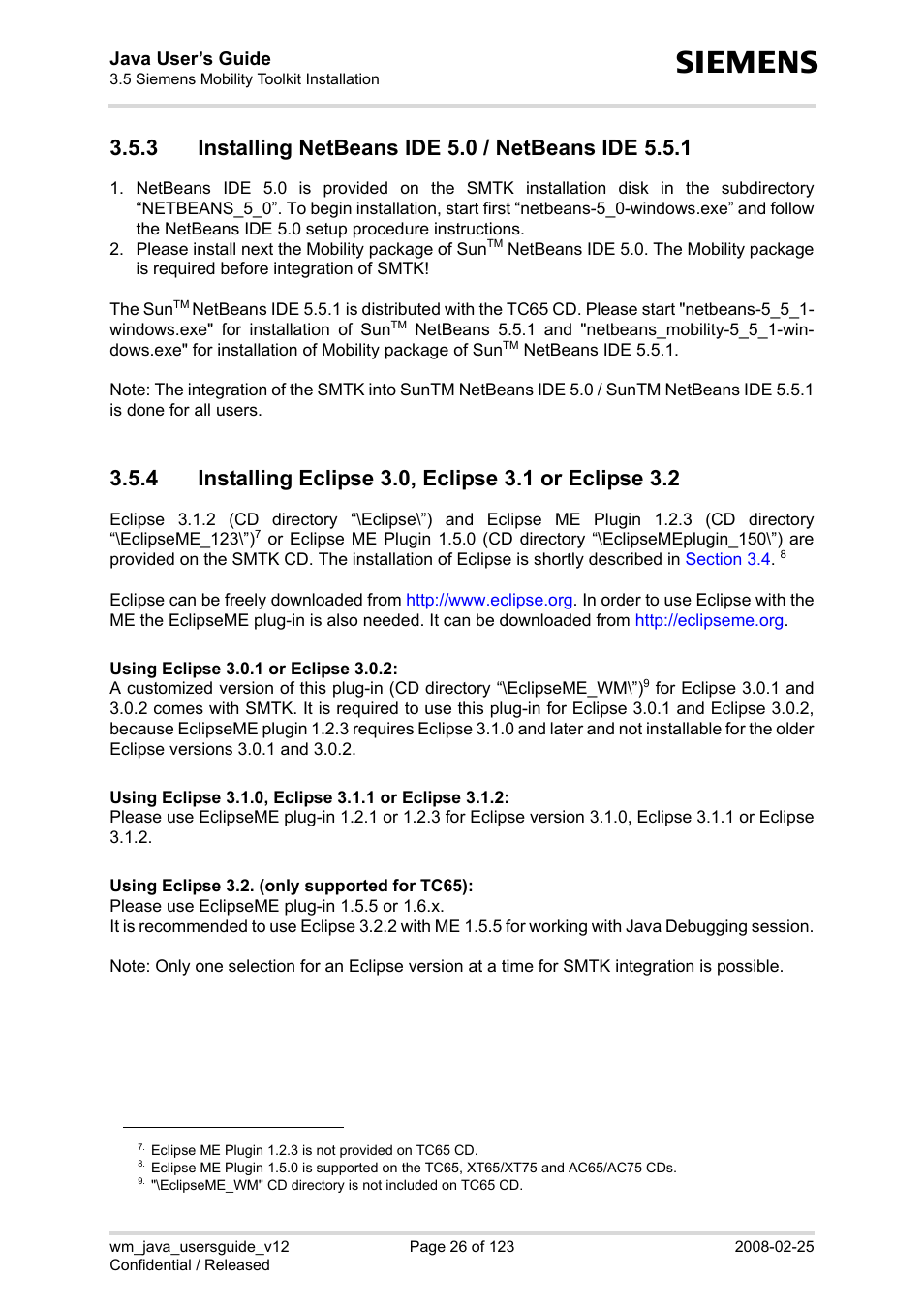 3 installing netbeans ide 5.0 / netbeans ide 5.5.1, Installing netbeans ide 5.0 / netbeans ide 5.5.1, Installing eclipse 3.0, eclipse 3.1 or eclipse 3.2 | Section 3.5.3, Section 3.5.4 | Siemens XT65 User Manual | Page 26 / 123