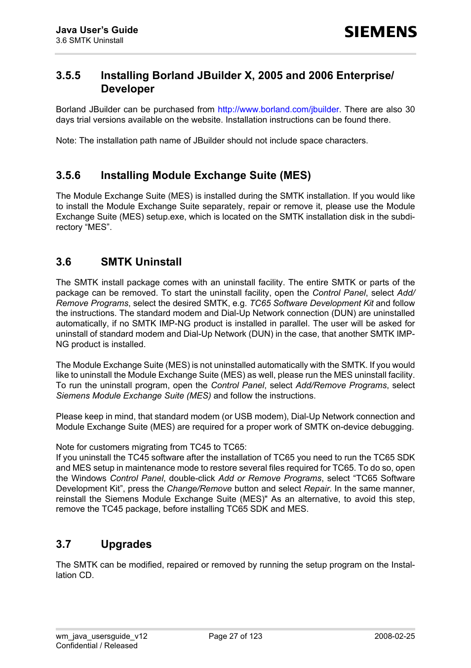 6 installing module exchange suite (mes), 6 smtk uninstall, 7 upgrades | Installing module exchange suite (mes), Smtk uninstall, Upgrades | Siemens XT65 User Manual | Page 27 / 123