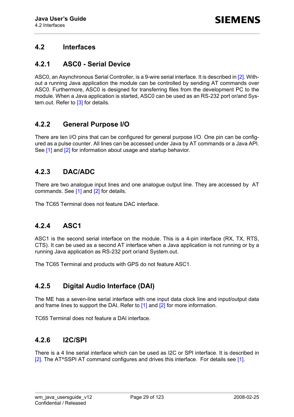 2 interfaces, 1 asc0 - serial device, 2 general purpose i/o | 3 dac/adc, 4 asc1, 5 digital audio interface (dai), 6 i2c/spi, Interfaces 4.2.1, Asc0 - serial device, General purpose i/o | Siemens XT65 User Manual | Page 29 / 123