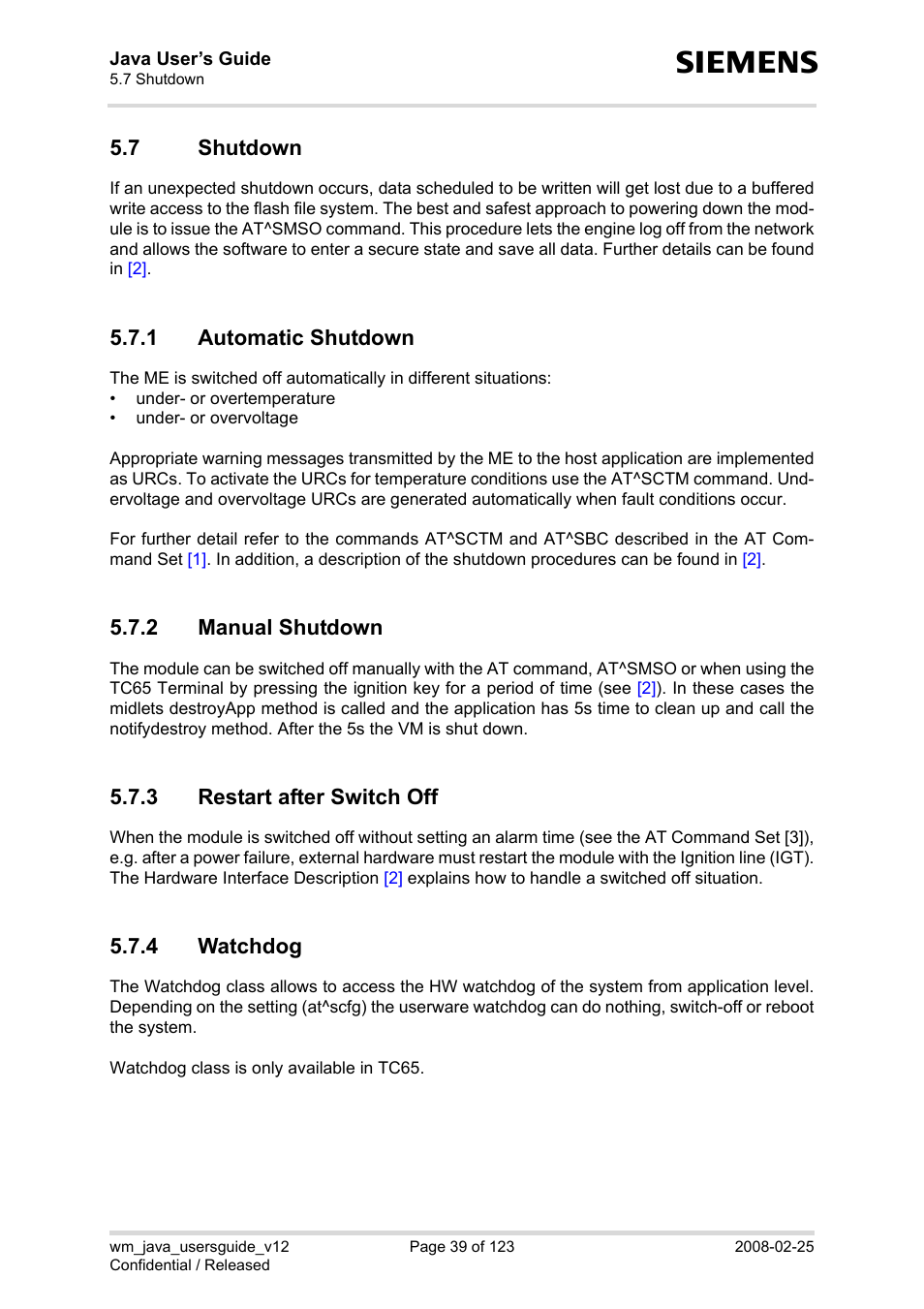 7 shutdown, 1 automatic shutdown, 2 manual shutdown | 3 restart after switch off, 4 watchdog, Shutdown 5.7.1, Automatic shutdown, Manual shutdown, Restart after switch off, Watchdog | Siemens XT65 User Manual | Page 39 / 123