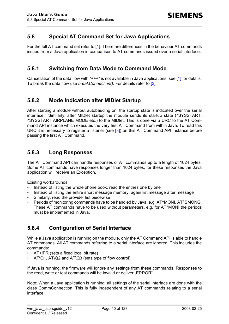 8 special at command set for java applications, 1 switching from data mode to command mode, 2 mode indication after midlet startup | 3 long responses, 4 configuration of serial interface, Special at command set for java applications 5.8.1, Switching from data mode to command mode, Mode indication after midlet startup, Long responses, Configuration of serial interface | Siemens XT65 User Manual | Page 40 / 123