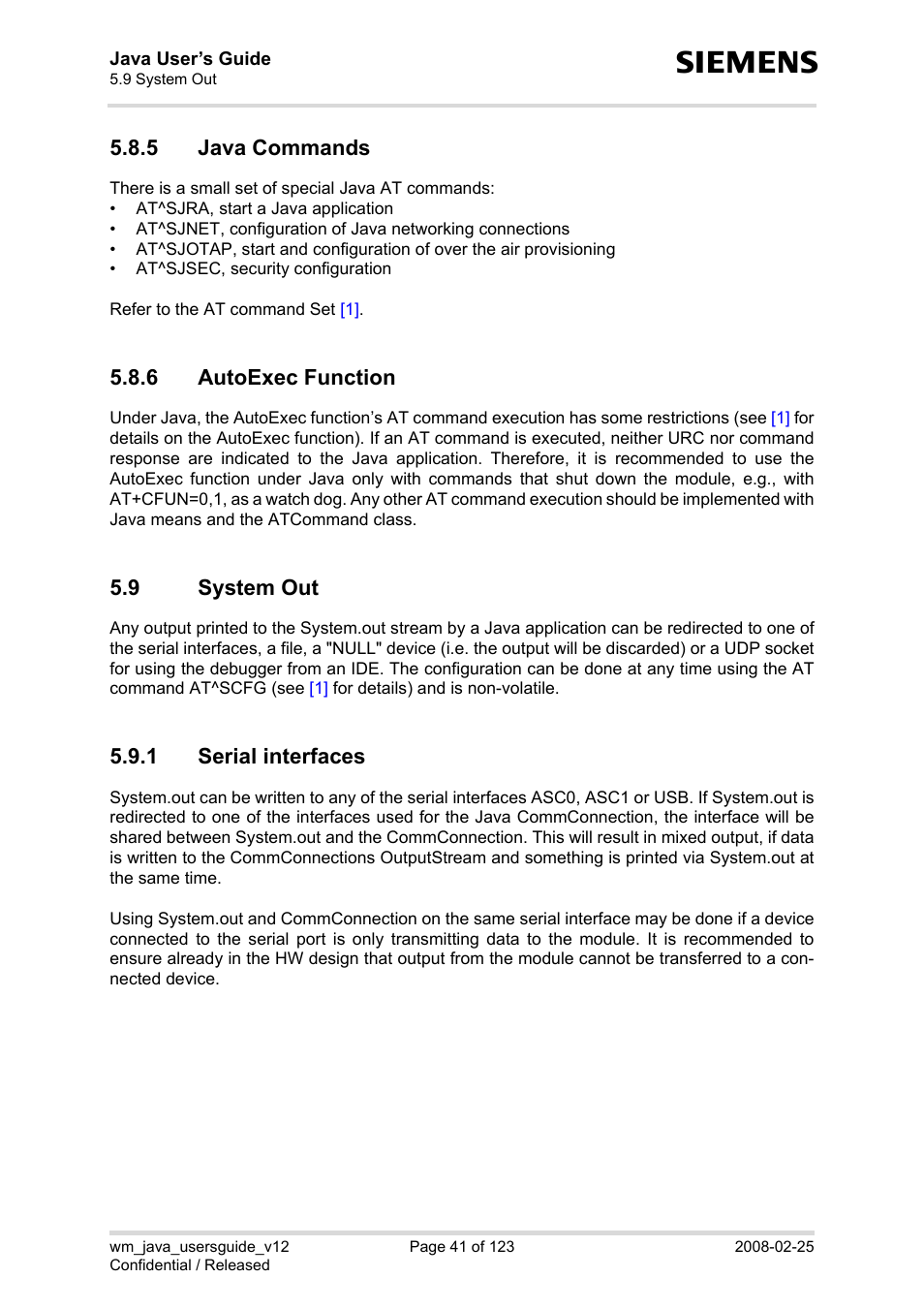 5 java commands, 6 autoexec function, 9 system out | 1 serial interfaces, Java commands, Autoexec function, System out 5.9.1, Serial interfaces, Section 5.9 | Siemens XT65 User Manual | Page 41 / 123