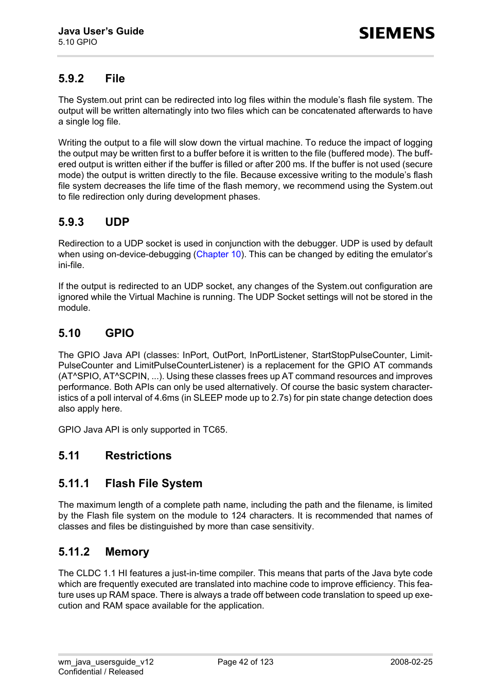 2 file, 3 udp, 10 gpio | 11 restrictions, 1 flash file system, 2 memory, File, Gpio | Siemens XT65 User Manual | Page 42 / 123