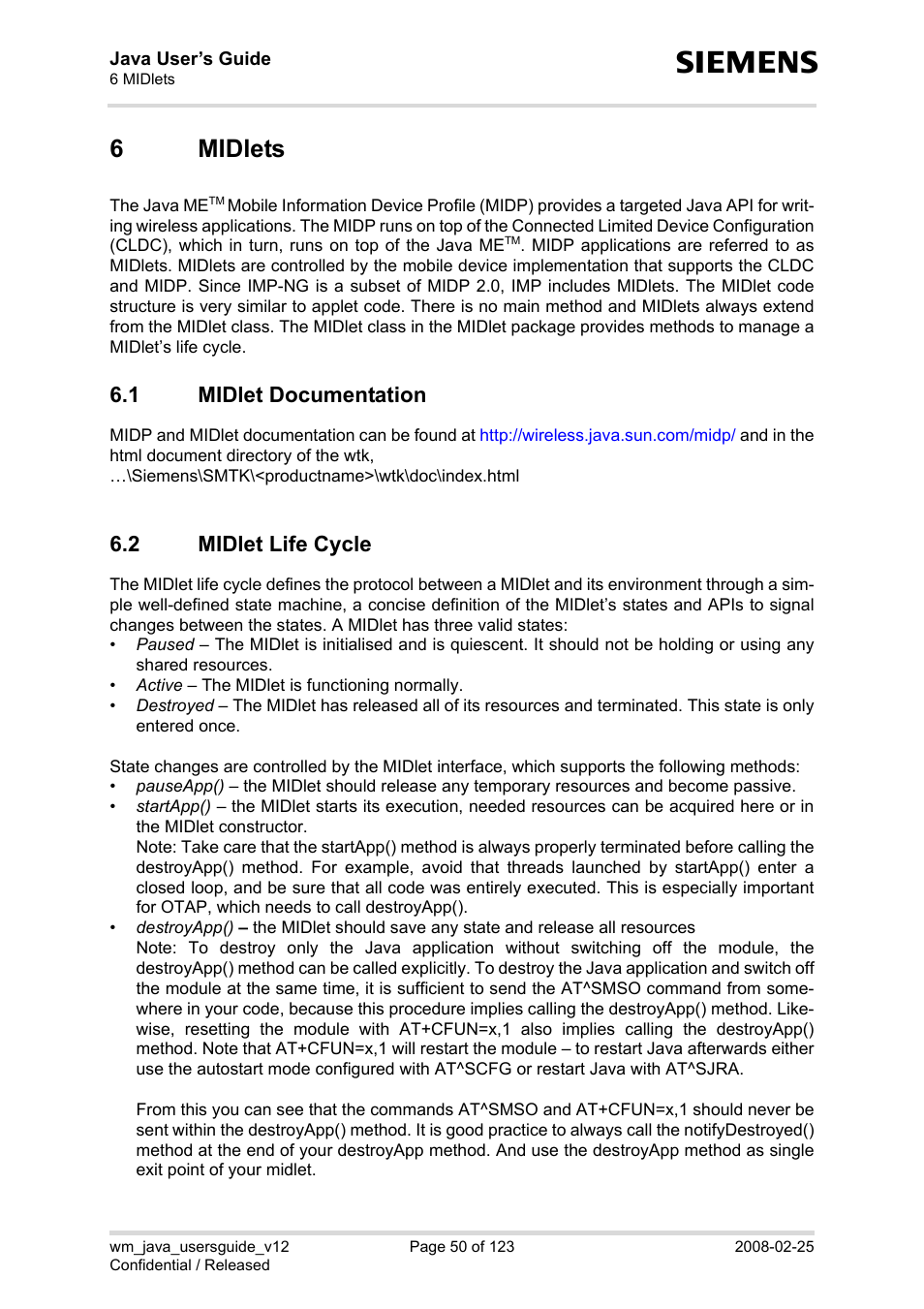 6 midlets, 1 midlet documentation, 2 midlet life cycle | Midlets 6.1, Midlet documentation, Midlet life cycle, 6midlets | Siemens XT65 User Manual | Page 50 / 123