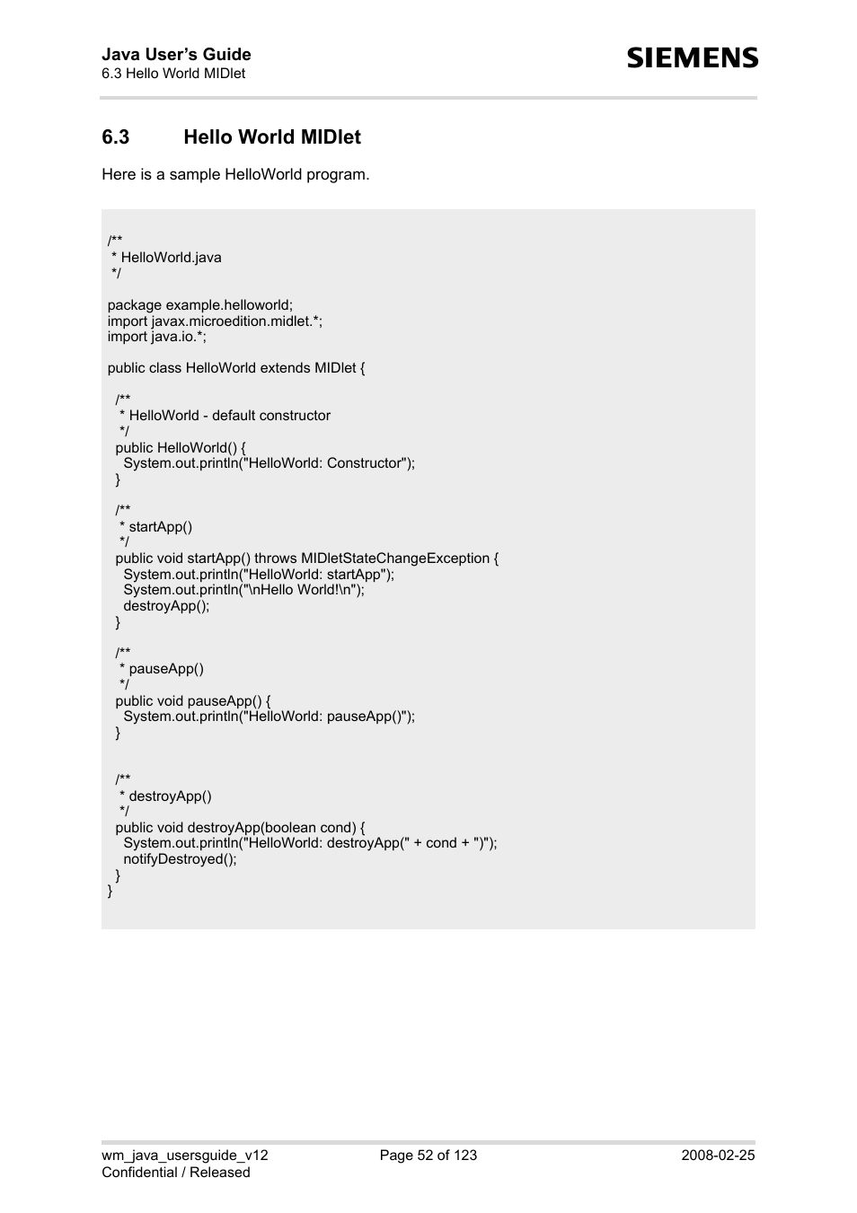 3 hello world midlet, Hello world midlet | Siemens XT65 User Manual | Page 52 / 123