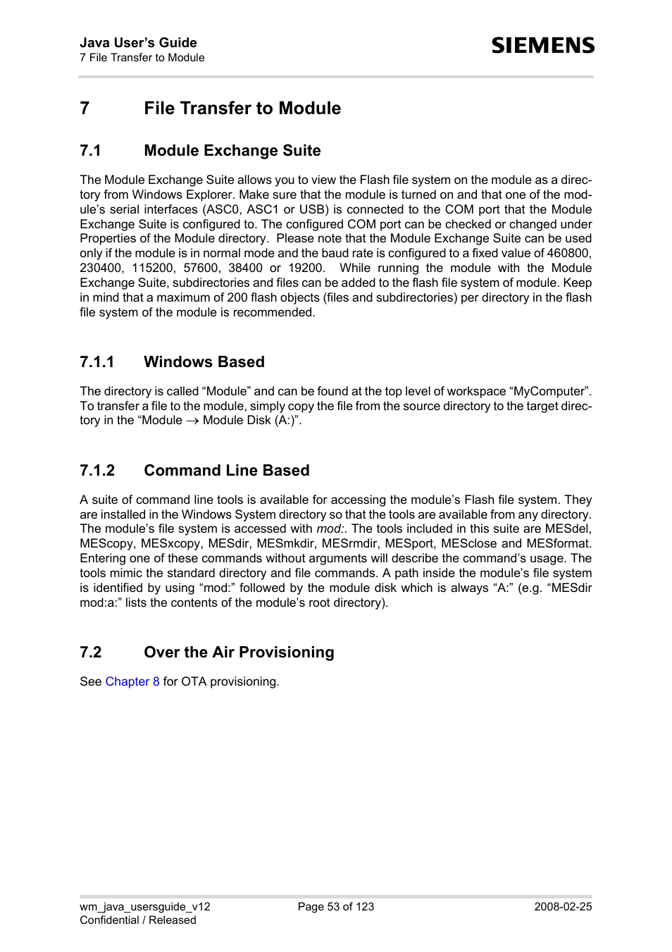 7 file transfer to module, 1 module exchange suite, 1 windows based | 2 command line based, 2 over the air provisioning, File transfer to module 7.1, Module exchange suite 7.1.1, Windows based, Command line based, Over the air provisioning | Siemens XT65 User Manual | Page 53 / 123