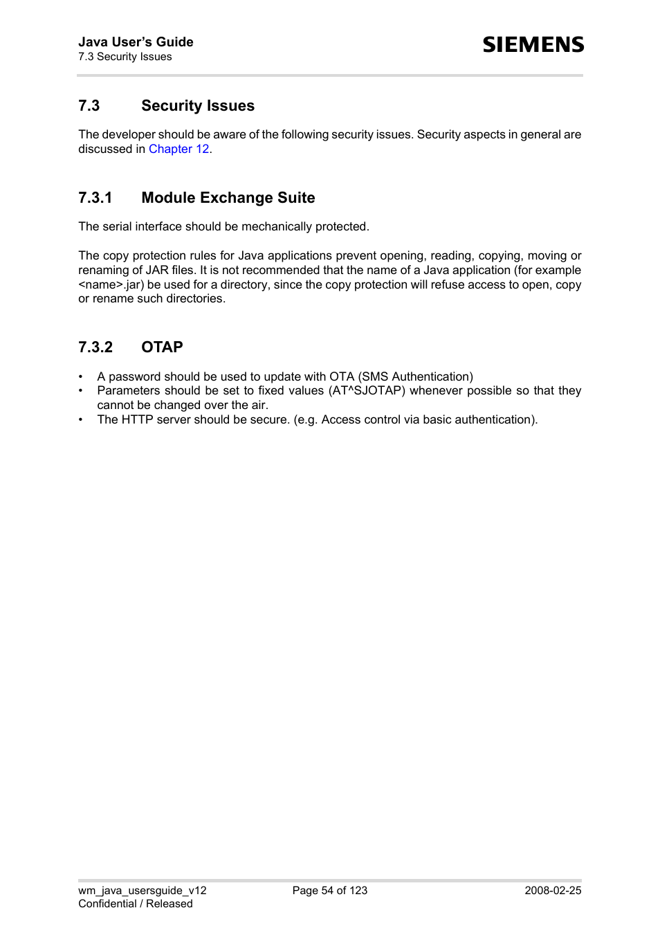 3 security issues, 1 module exchange suite, 2 otap | Security issues 7.3.1, Module exchange suite, Otap | Siemens XT65 User Manual | Page 54 / 123