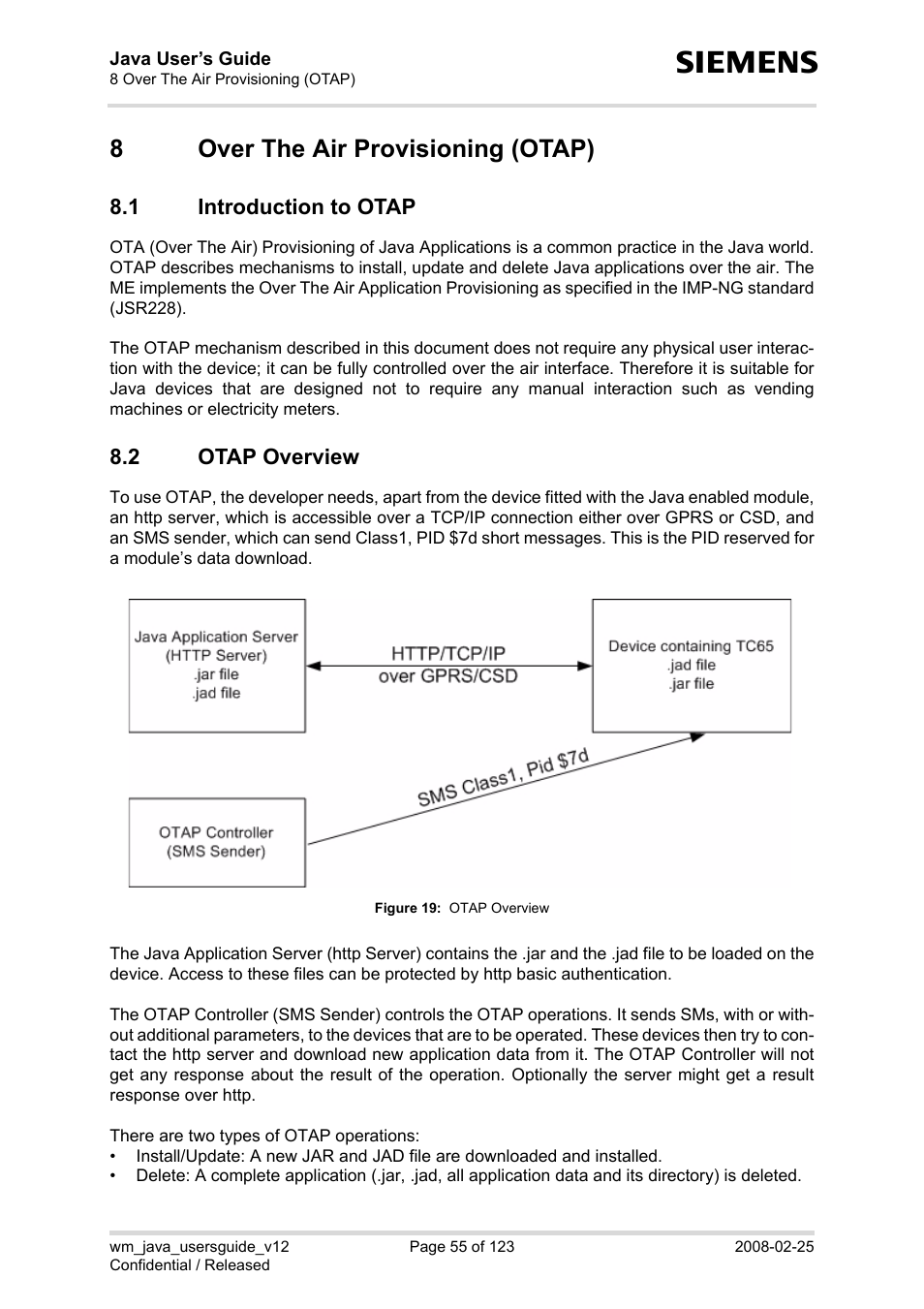 8 over the air provisioning (otap), 1 introduction to otap, 2 otap overview | Over the air provisioning (otap) 8.1, Introduction to otap, Otap overview, Figure 19, 8over the air provisioning (otap) | Siemens XT65 User Manual | Page 55 / 123