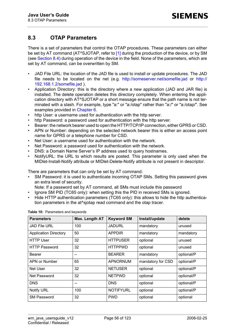 3 otap parameters, Otap parameters, Table 10 | Parameters and keywords | Siemens XT65 User Manual | Page 56 / 123