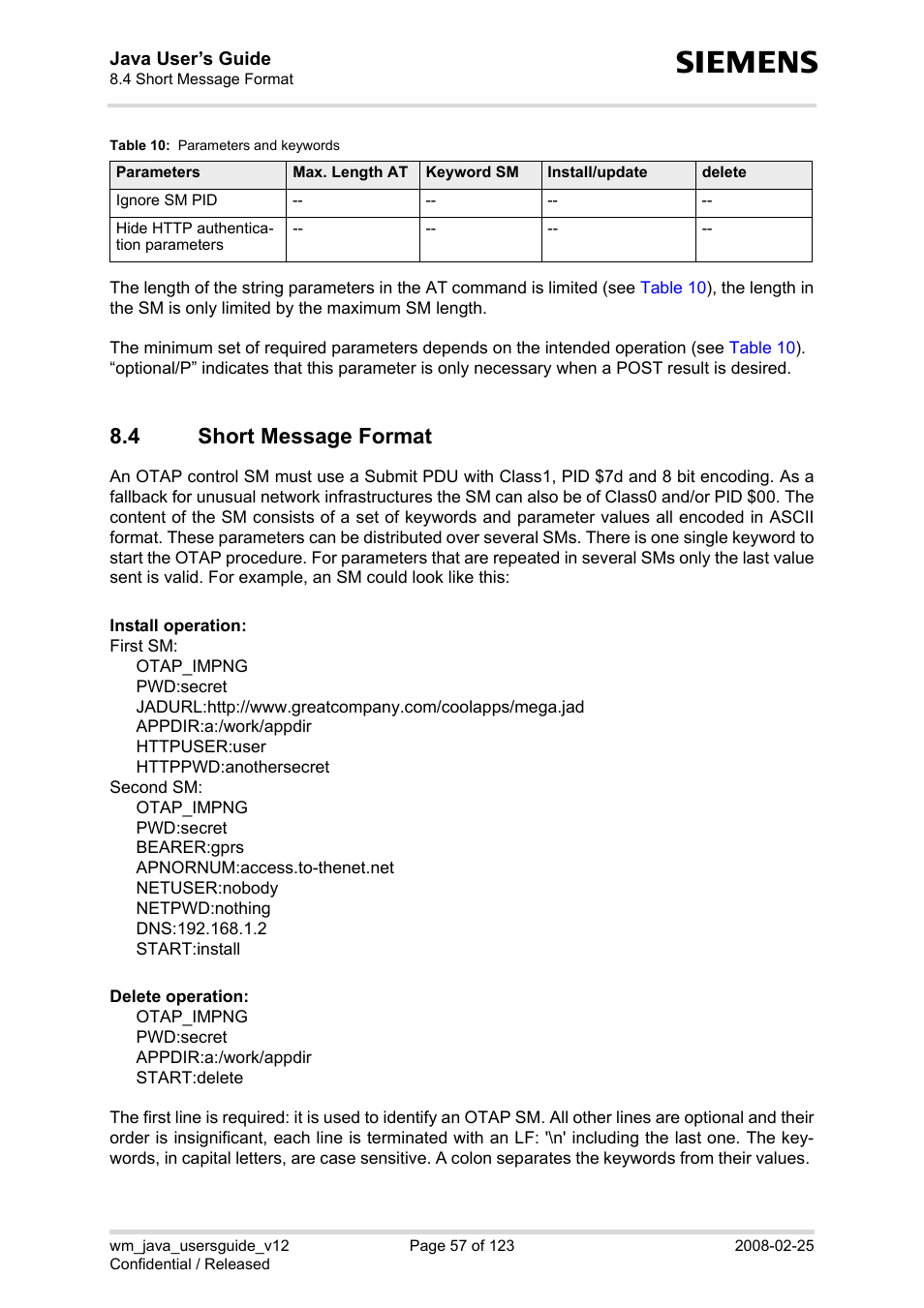4 short message format, Short message format, Section 8.4 | Siemens XT65 User Manual | Page 57 / 123