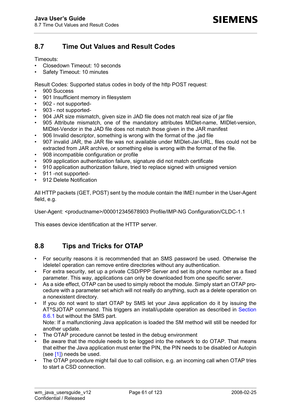 7 time out values and result codes, 8 tips and tricks for otap, Time out values and result codes | Tips and tricks for otap, Section 8.7, Tion 8.7 | Siemens XT65 User Manual | Page 61 / 123