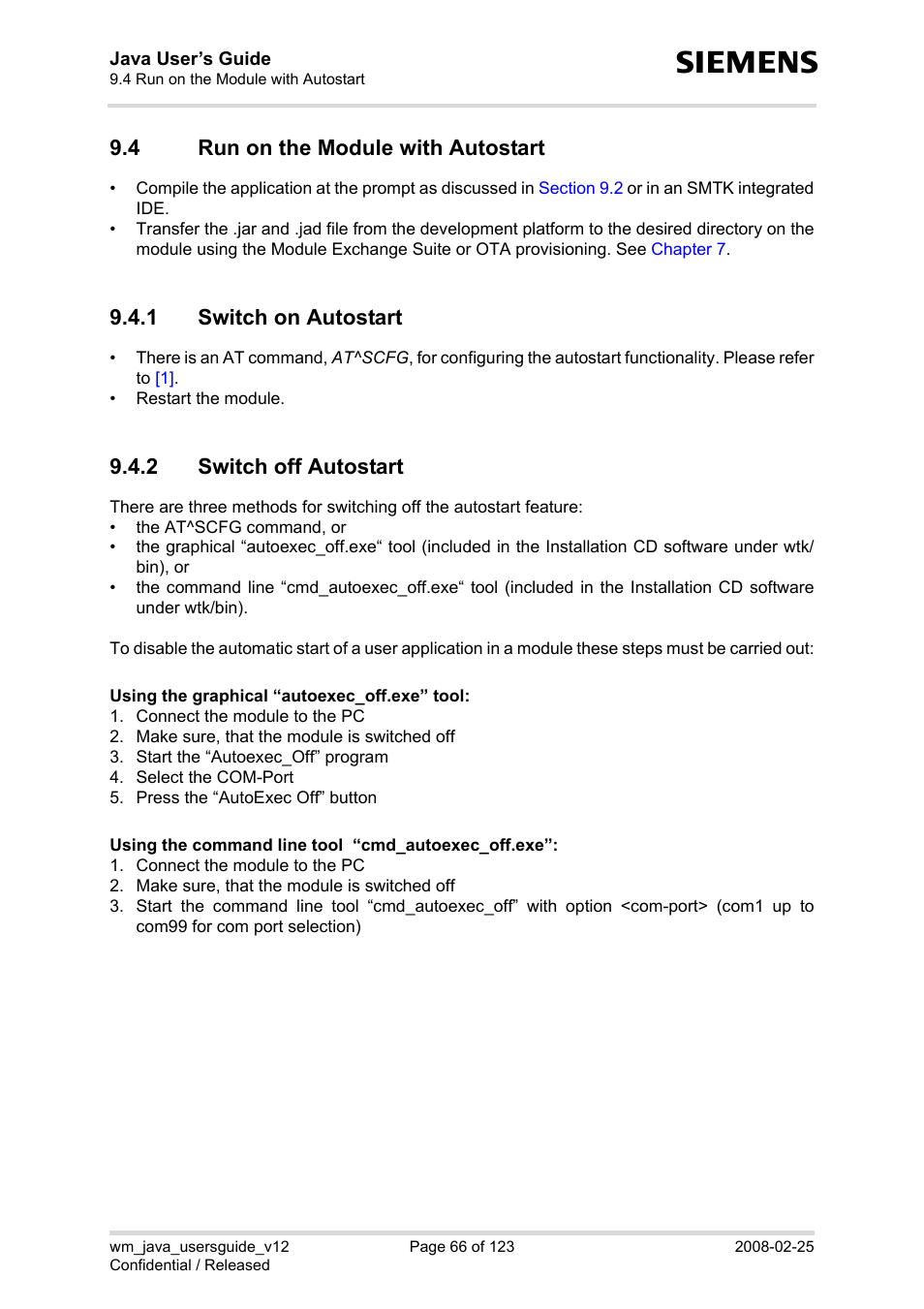 4 run on the module with autostart, 1 switch on autostart, 2 switch off autostart | Run on the module with autostart 9.4.1, Switch on autostart, Switch off autostart | Siemens XT65 User Manual | Page 66 / 123