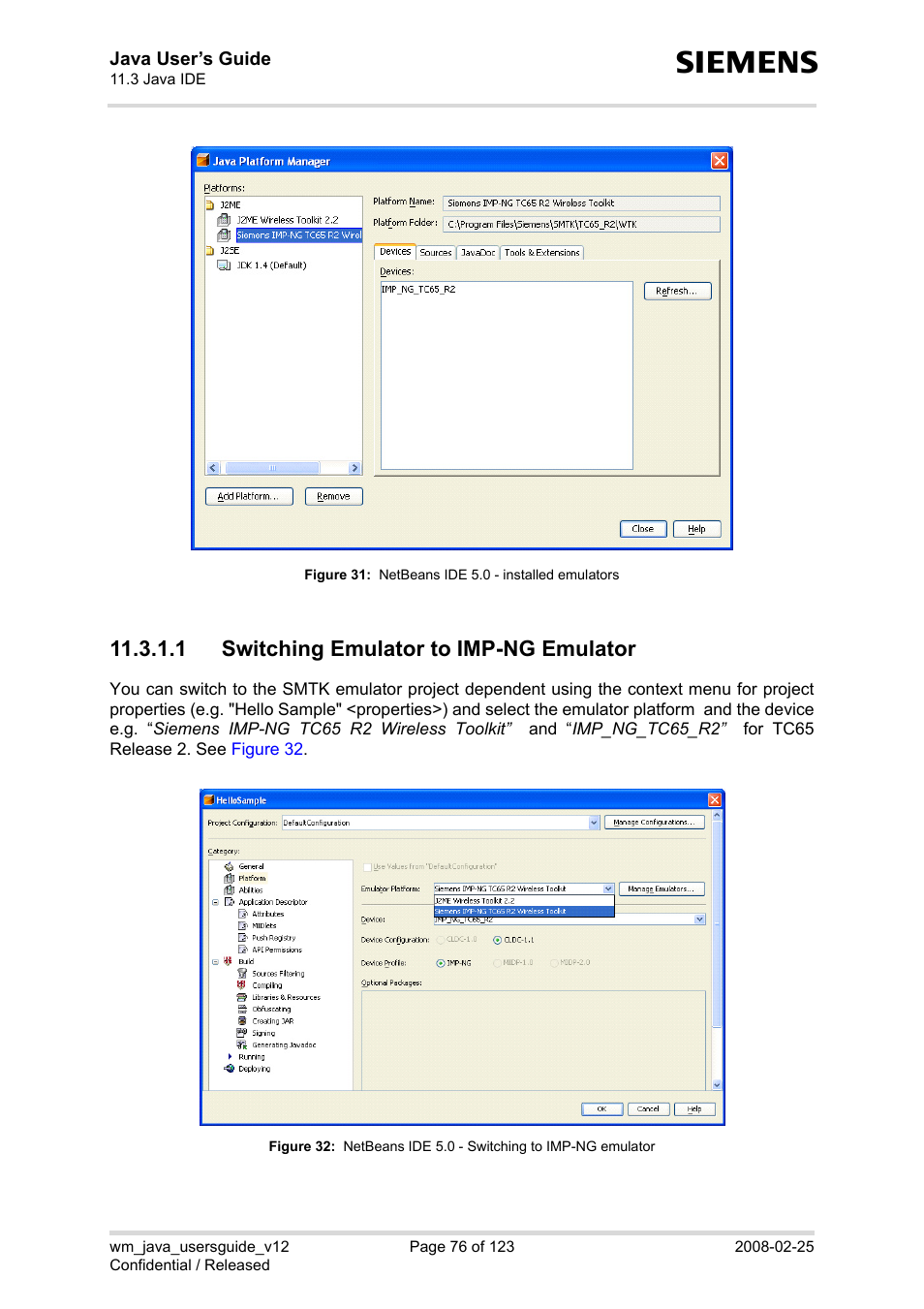 1 switching emulator to imp-ng emulator, Figure 31, Netbeans ide 5.0 - installed emulators | Figure 32, Netbeans ide 5.0 - switching to imp-ng emulator | Siemens XT65 User Manual | Page 76 / 123