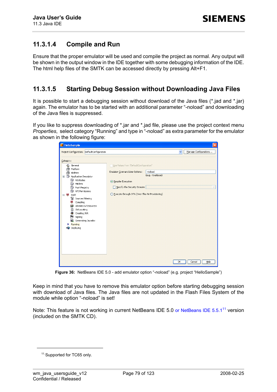 4 compile and run, Figure 36, Netbeans ide 5.0 - add emulator option “-noload | Siemens XT65 User Manual | Page 79 / 123