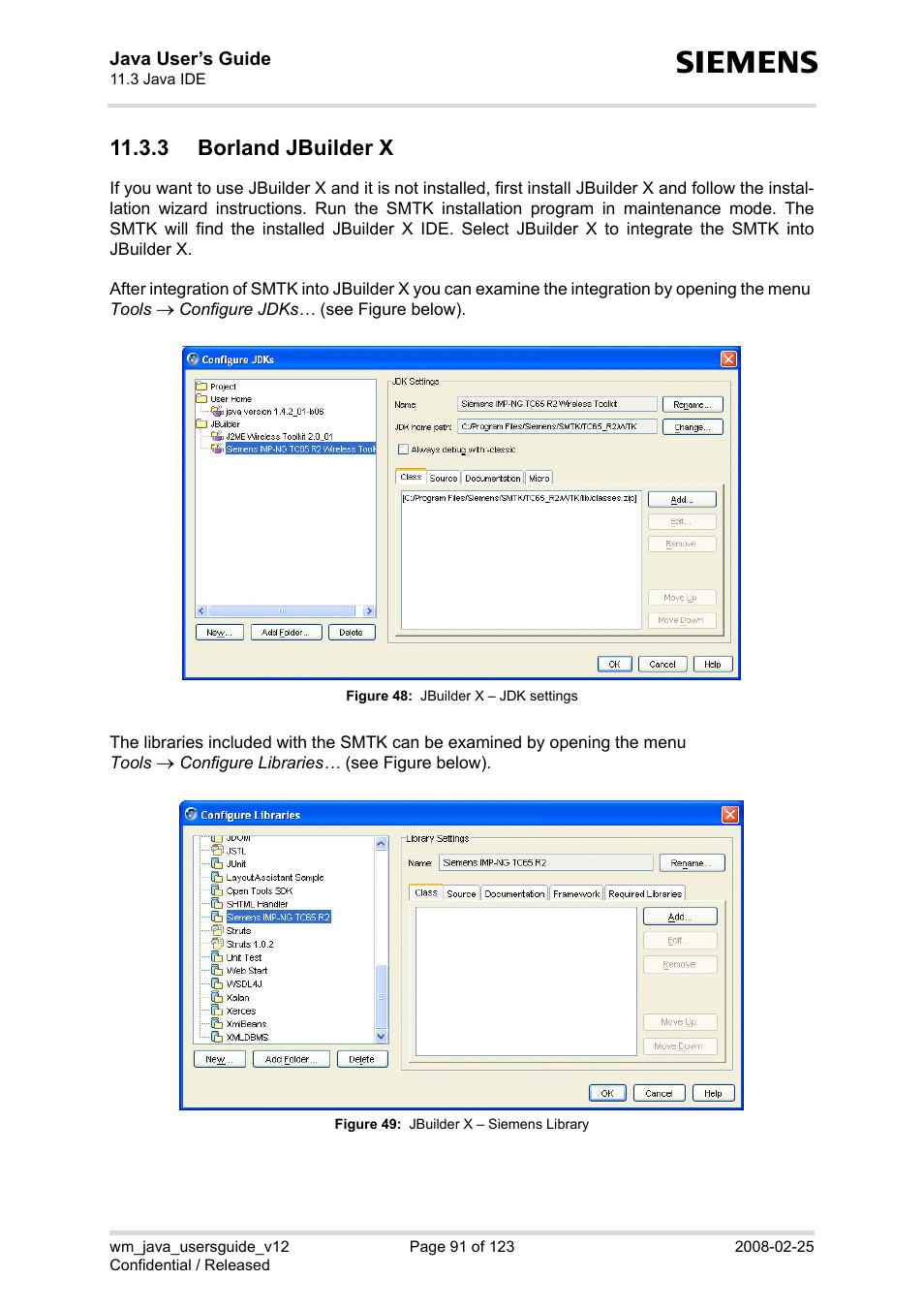 3 borland jbuilder x, Figure 48, Jbuilder x – jdk settings | Figure 49, Jbuilder x – siemens library | Siemens XT65 User Manual | Page 91 / 123