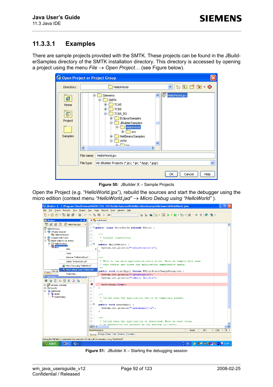 1 examples, Figure 50, Jbuilder x – sample projects | Figure 51, Jbuilder x – starting the debugging session | Siemens XT65 User Manual | Page 92 / 123