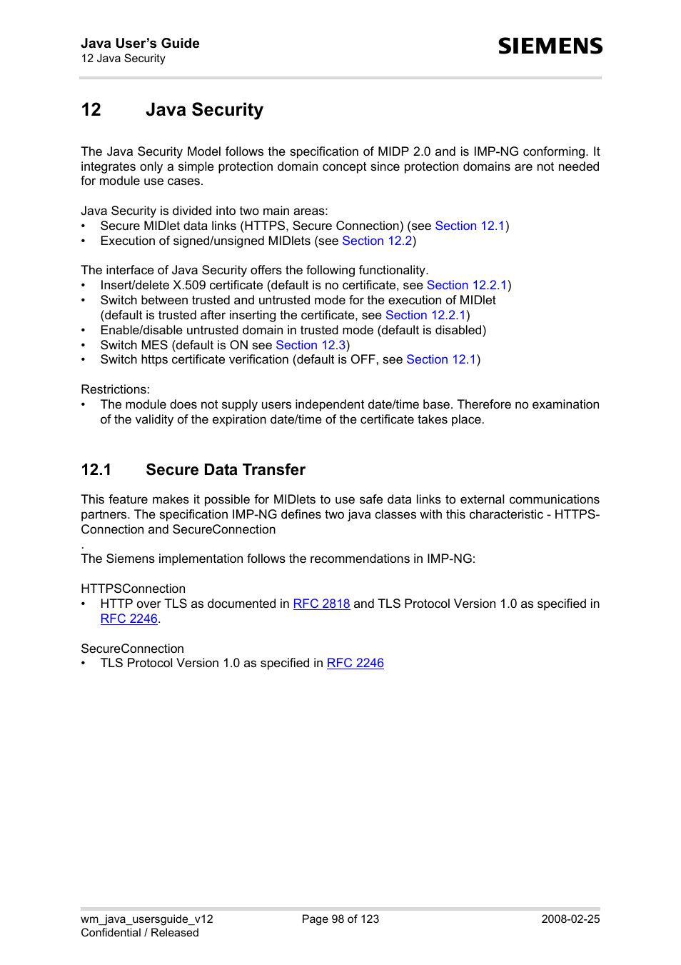 12 java security, 1 secure data transfer, Java security 12.1 | Secure data transfer, Chapter 12 | Siemens XT65 User Manual | Page 98 / 123
