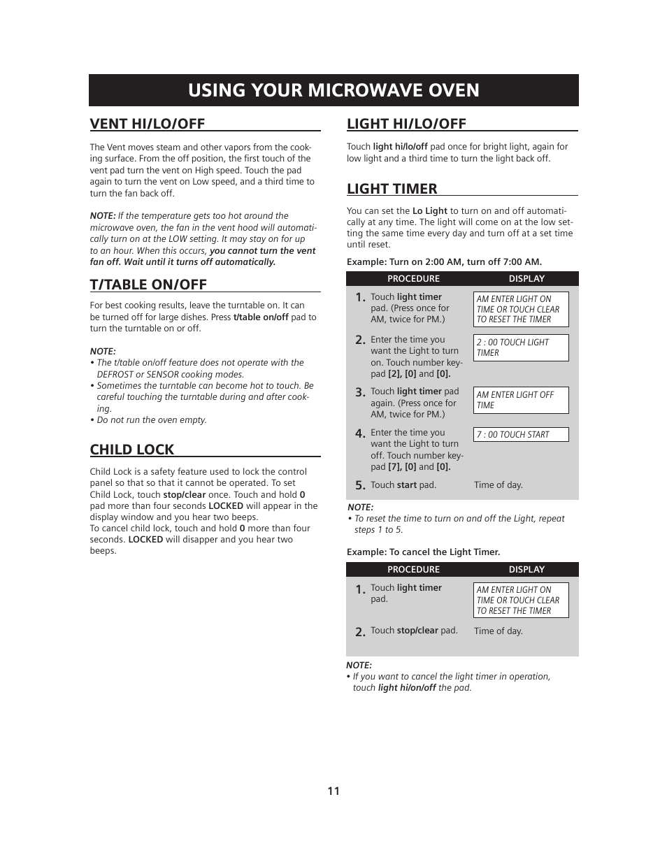 Using your microwave oven, Light timer, Vent hi/lo/off | Light hi/lo/off, T/table on/off, Child lock | Siemens HF36V306 User Manual | Page 11 / 32