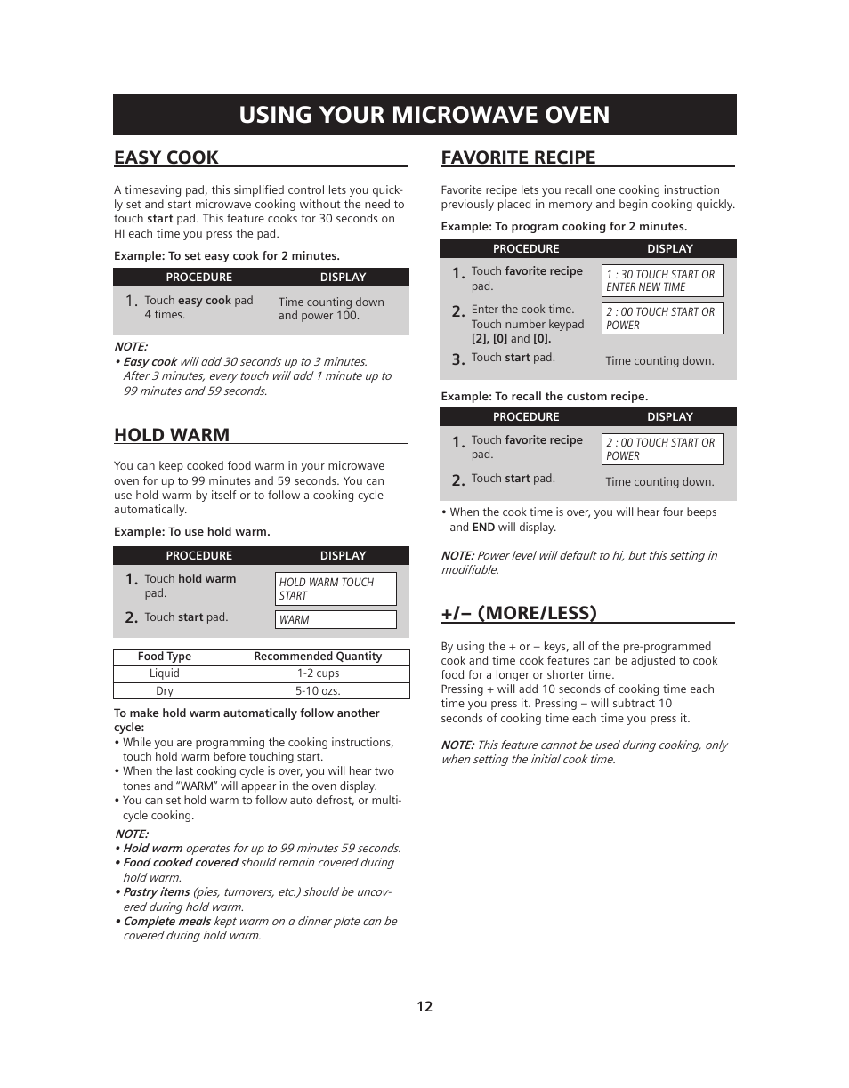 Using your microwave oven, Easy cook, Hold warm | Favorite recipe, More/less) | Siemens HF36V306 User Manual | Page 12 / 32