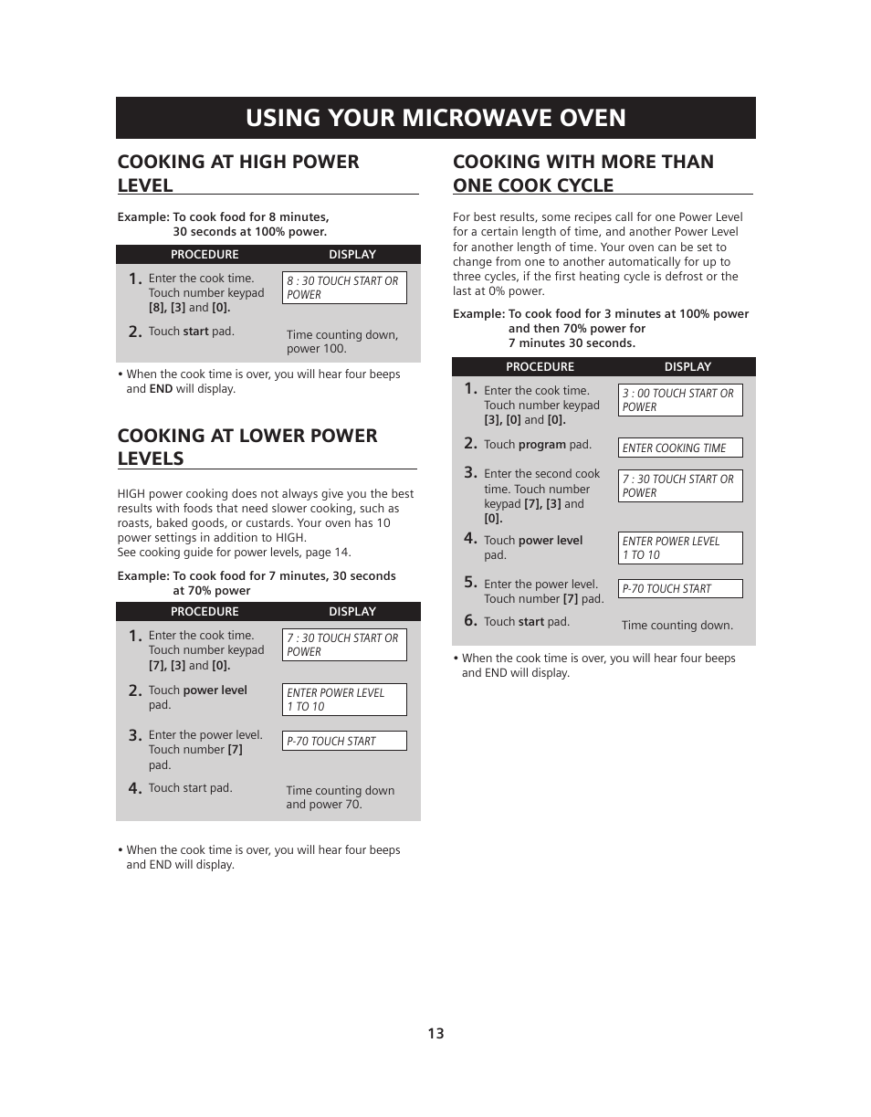 Using your microwave oven, Cooking at high power level, Cooking at lower power levels | Cooking with more than one cook cycle | Siemens HF36V306 User Manual | Page 13 / 32