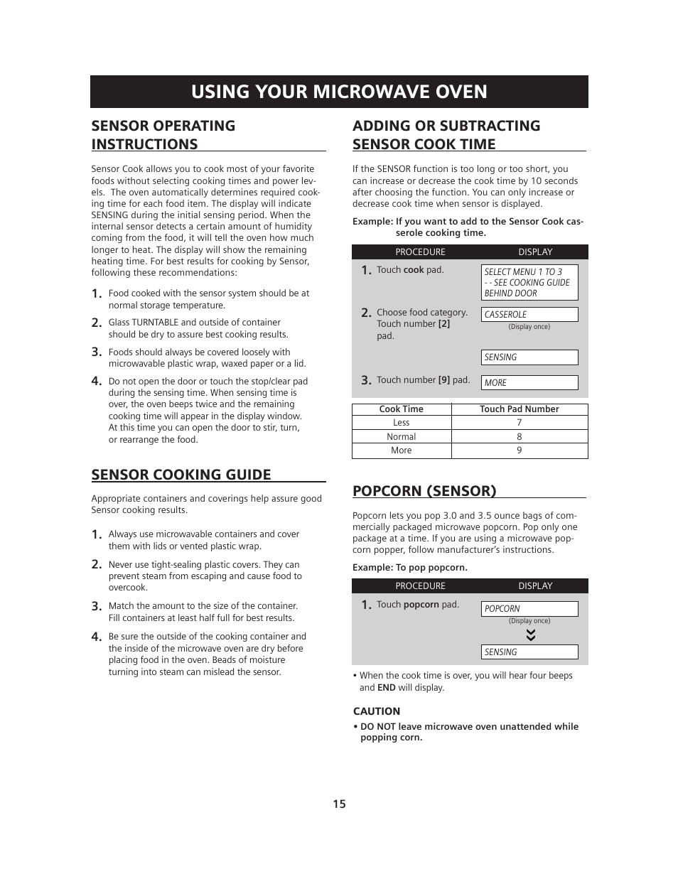 Using your microwave oven, Sensor operating instructions, Sensor cooking guide | Adding or subtracting sensor cook time, Popcorn (sensor) | Siemens HF36V306 User Manual | Page 15 / 32