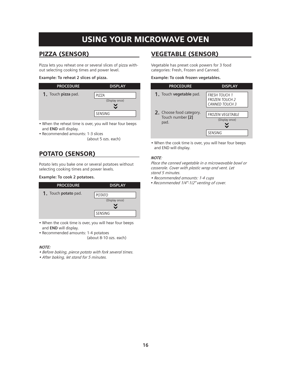 Using your microwave oven, Pizza (sensor), Potato (sensor) | Vegetable (sensor) | Siemens HF36V306 User Manual | Page 16 / 32