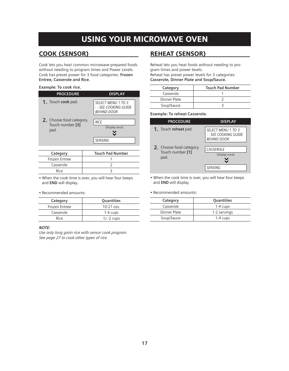 Using your microwave oven, Cook (sensor), Reheat (sensor) | Siemens HF36V306 User Manual | Page 17 / 32