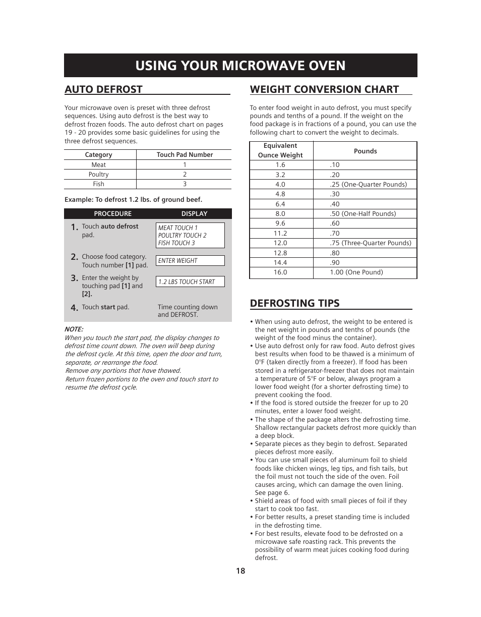 Using your microwave oven, Weight conversion chart, Defrosting tips | Auto defrost | Siemens HF36V306 User Manual | Page 18 / 32