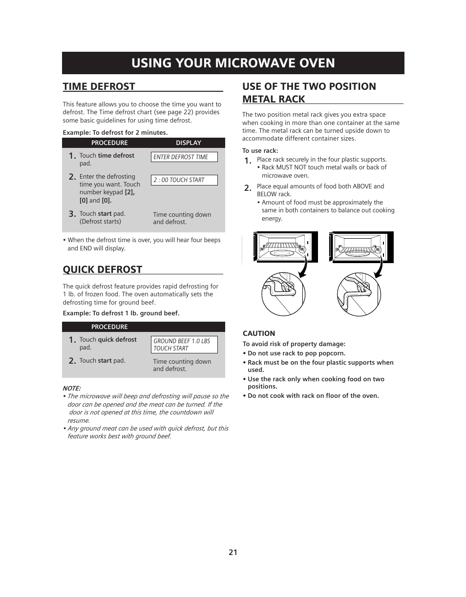 Using your microwave oven, Use of the two position metal rack, Time defrost | Quick defrost | Siemens HF36V306 User Manual | Page 21 / 32