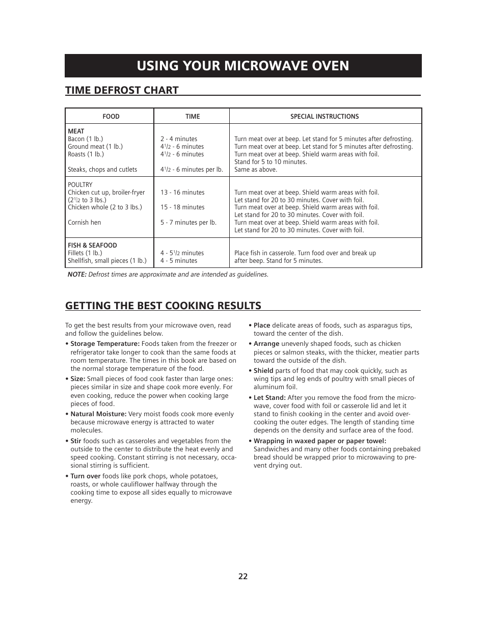 Using your microwave oven, Time defrost chart, Getting the best cooking results | Siemens HF36V306 User Manual | Page 22 / 32