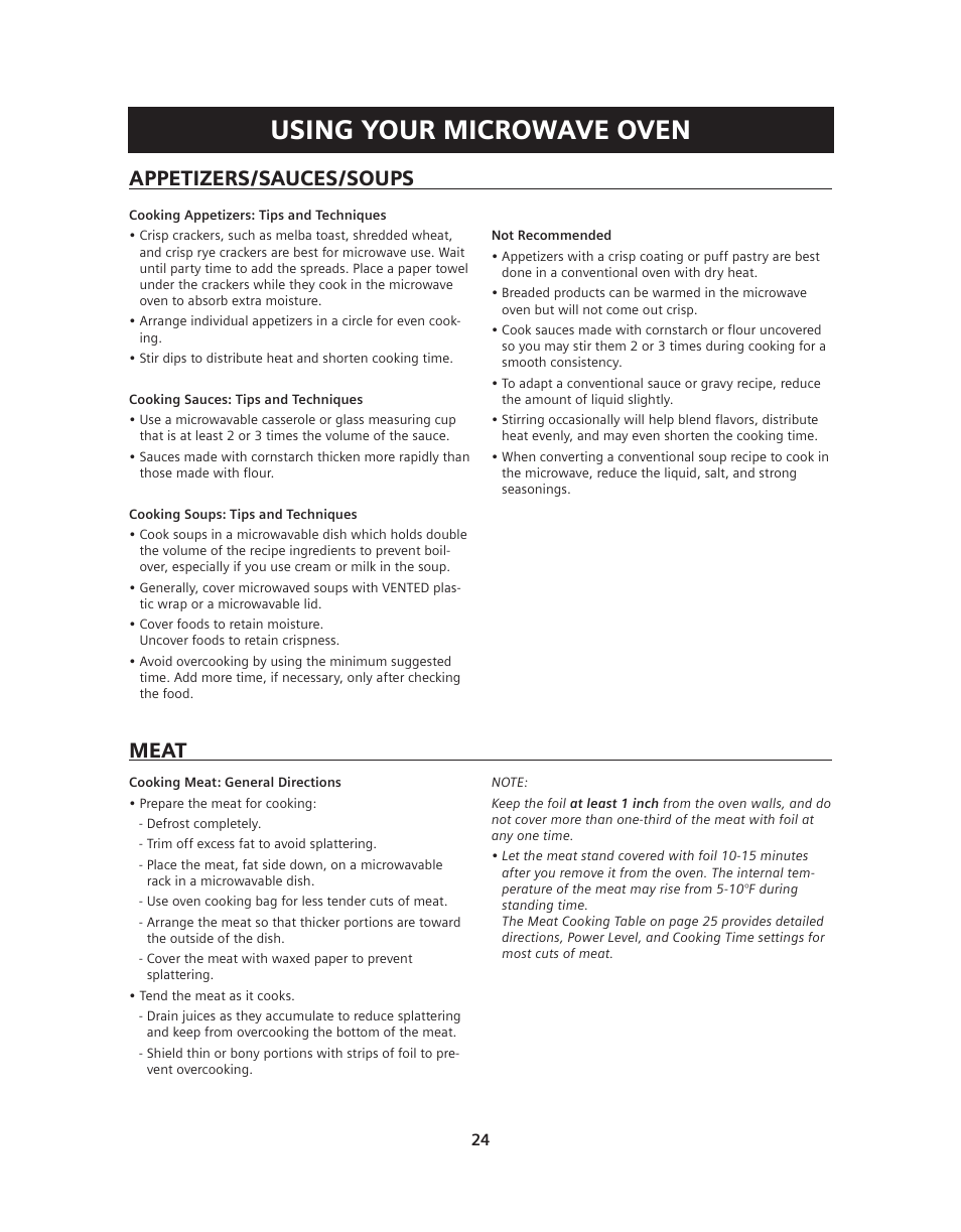 Using your microwave oven, Meat, Appetizers/sauces/soups | Siemens HF36V306 User Manual | Page 24 / 32