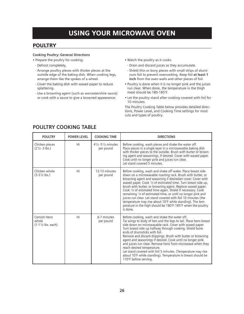 Using your microwave oven, Poultry cooking table, Poultry | Siemens HF36V306 User Manual | Page 26 / 32