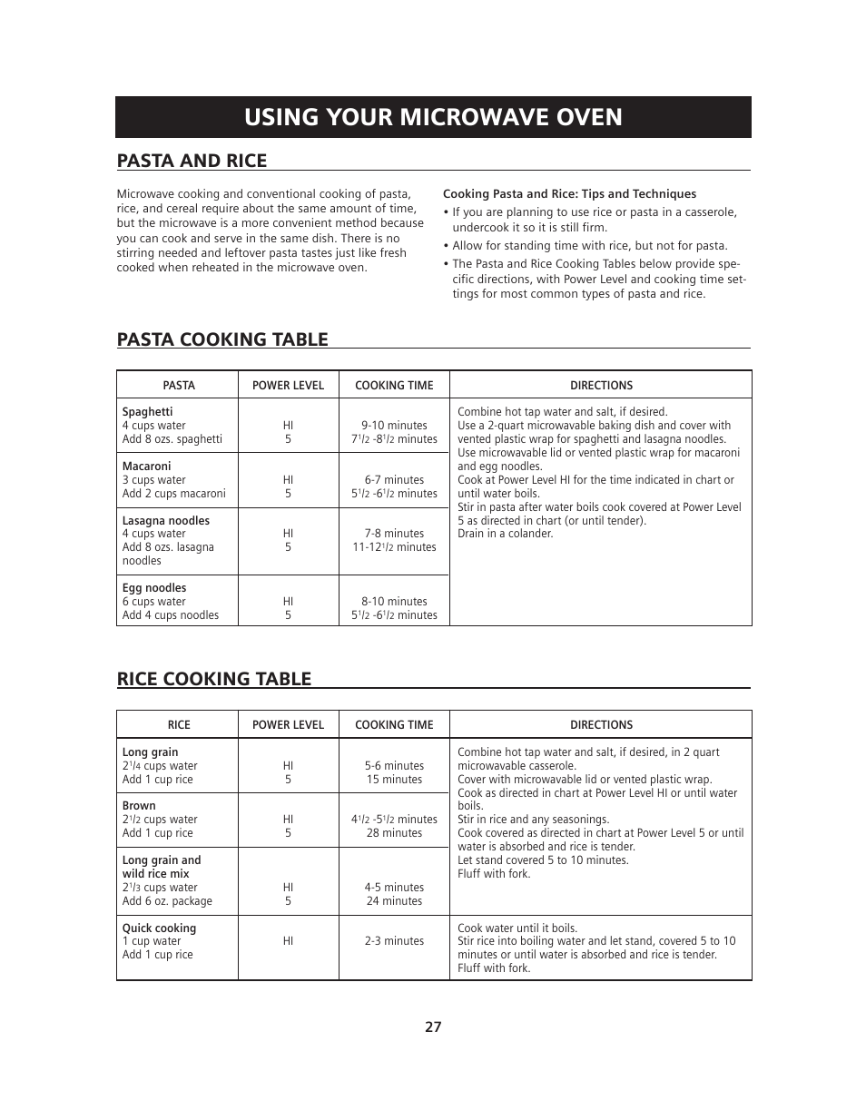 Using your microwave oven, Pasta and rice, Pasta cooking table | Rice cooking table | Siemens HF36V306 User Manual | Page 27 / 32
